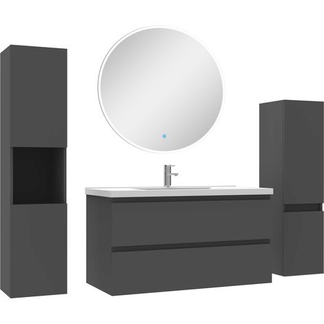 Ensemble meubles Salle de Bain 100cm vasque + colonne + miroir rond mural Anthracite (1/5)