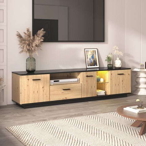 Mobile TV in legno nero con LED, 1 cassetto, 3 ante e 2 vani aperti con ripiani in vetro (1/5)
