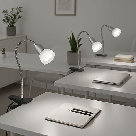 Klemmlampe weiß Klemmleuchte Klemmlampe LED mit Stecker Leselampe Spot beweglich, Metall titanfarben Glas weiß, 1x LED 3W 250Lm 3000K, HxLxB 34x9x6,1 cm, 3er Set