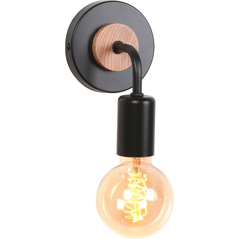 Wandlampe Vintage Innen Holz Wandleuchte E27 Metall Lampenkopf für Flur Schlafzimmer Wohnzimmer - Schwarz (Ohne Glühbirne)