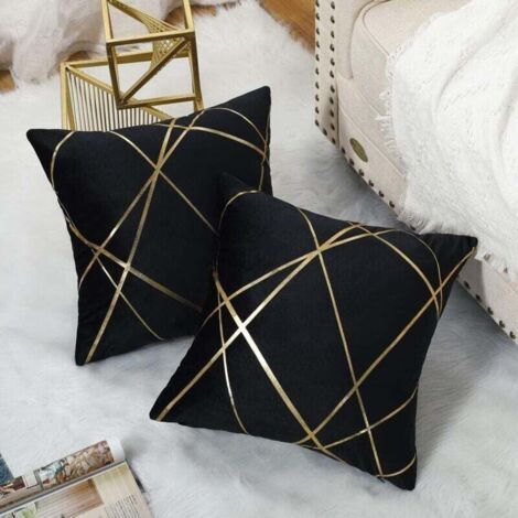 Cushion Cover 45×45cm Velvet Black Cushion Decorative Pillow Covers, XU,Golden Lines Geometry Cushion Living Room Bedroom Bench Sofa Cushion Case Pack of 2 - (1/4)