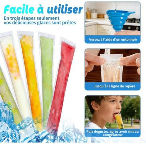 Sachets Pour Glaces À L'Eau - 28 x 5,5 cm - Sans BPA - Fermeture Pression Anti-Fuite - 100 Pièces