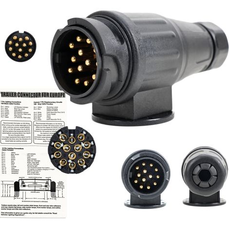 Prise Remorque 13 Broches 12V 24V, Connecteur Attelage Étanche avec Gabarit de Câblage, Contacts Cuivre Galvanisé, Fiche Remorque ISO 11446 et Serre-Câble pour Caravane, Porte-Vélos et Auto (1/5)