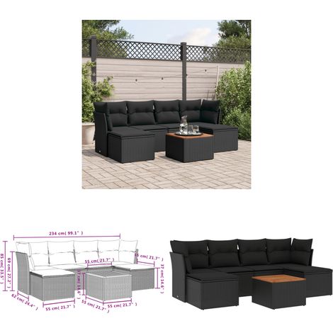7-tlg. Garten-Sofagarnitur mit Kissen Schwarz Poly Rattan - Gartensorte - Gartenmöbelset - PE-Rattan Möbel - Outdoor Sofa - Lounge Set - Home & Living (1/3)