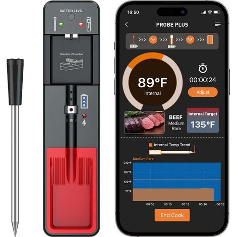 Thermomètre à viande sans fil, thermomètre alimentaire numérique pour la cuisson et le barbecue, thermomètre à viande intelligent Bluetooth d'une portée de 110 mètres-AquaForge (1/5)