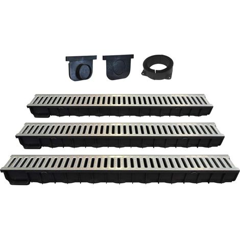 Kit de 3 caniveaux de 1 m avec grilles en acier galvanisé et accessoires - Drainage extérieur durable Classe A15 - Installation facile pour jardin, terrasse, allée (1/5)