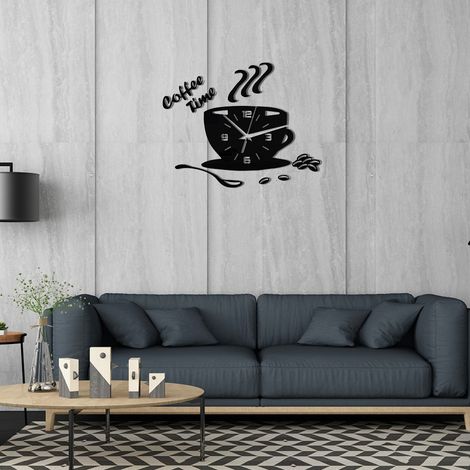 Horloge Murale Adhésive en Acrylique Silencieuse Design Tasse Café Chiffres Creux Décoratif (1/3)