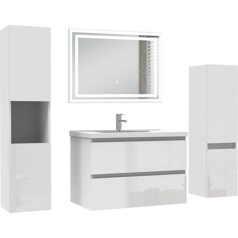 Ocean Ensemble de Meuble salle de bain 79cm avec 2 Tiroirs, miroir led + colonne 110cm et 131.5cm, meuble Blanc Haut Brillant