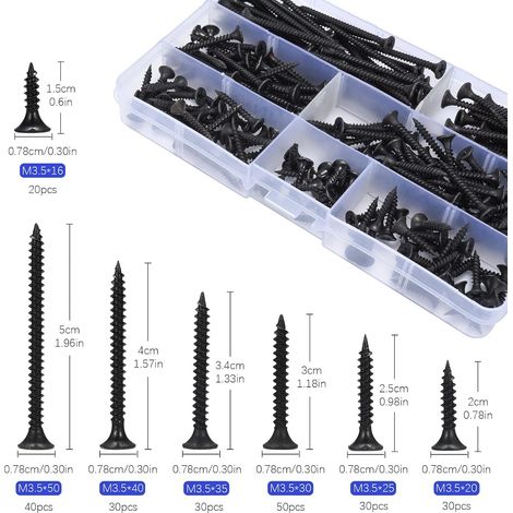 Set de 230 vis à bois autotaraudeuses M3.5, vis à filetage tranchant - 3,5 mm x (16/20/25/30/35/40/50 mm) pour cloisons sèches, meubles en bois, pièces fixes. (230 kit - noir) (1/4)