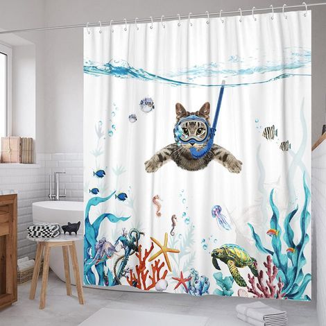 Rideau de douche chat bleu rigolo, 183 cm × 183 cm, couleur bleu sarcelle et océan.