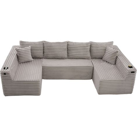 Canapé d'angle U modulable en tissu côtelé gris clair, avec porte-gobelet, poches latérales et 6 coussins, 320 x 155 x 88 cm, pour salon – CHICFURN (1/5)