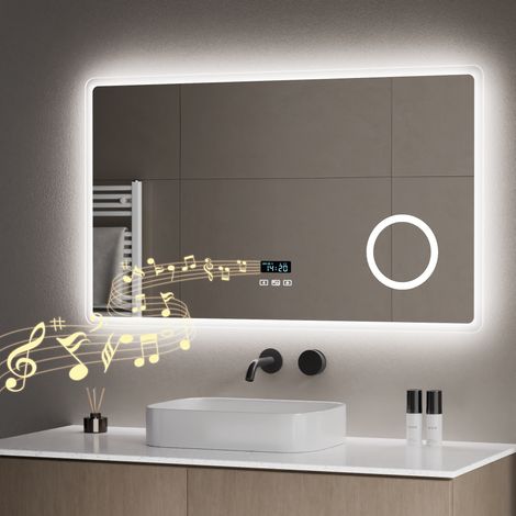 S'AFIELINA Miroir lumineux de salle de bain 100 x 60 cm LED Bluetooth Miroir avec éclairage Miroir Mural 3x Grossissement avec Interrupteur Tactile,Antibuée, 3000/4000/6500K