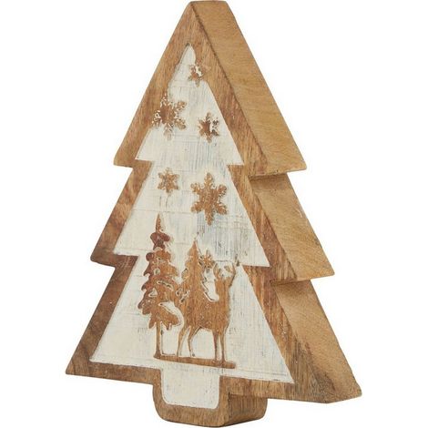 Natural Snow Scene Tree Decoration - Wood - L4 x W15 x H20 cm - Brown