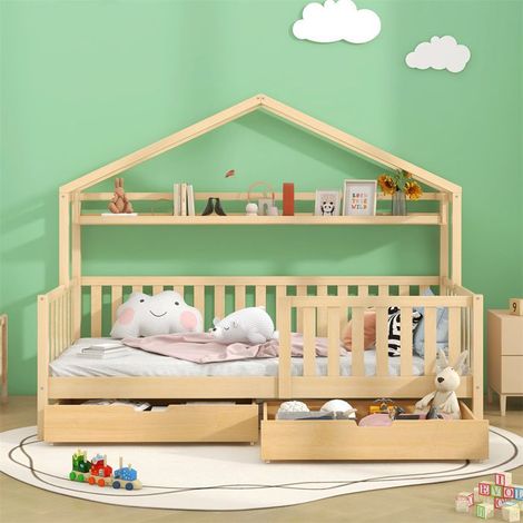 Lit cabane enfant 90x200 cm en pin massif avec sommier à lattes et tiroirs – style scandinave
