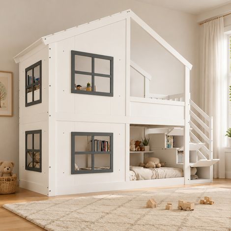 Litera infantil 90x200 cm de madera blanco-gris con almacenaje, estable, sin colchón – MEUBLIV (1/5)