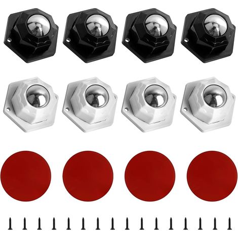Lot de 8 roulettes autocollantes pour meubles, 20 mm, à 360 °, pour appareils de cuisine, mini roulettes, poubelle, noir et blanc