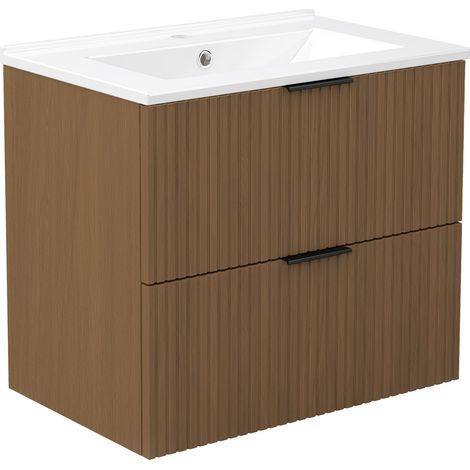 Acezanble Meuble de salle de bain mural 60 cm Noyer - 2 tiroirs, lavabo céramique, Panneau (1/5)