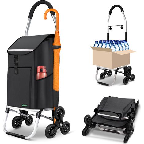 Chariot de Courses 6 Roues en Aluminium avec Compartiment Impermeable Isotherme et Crochets Caddie de Courses Pliable 3 en 1 Sac Chariot Montant Escalier Noir (1/5)