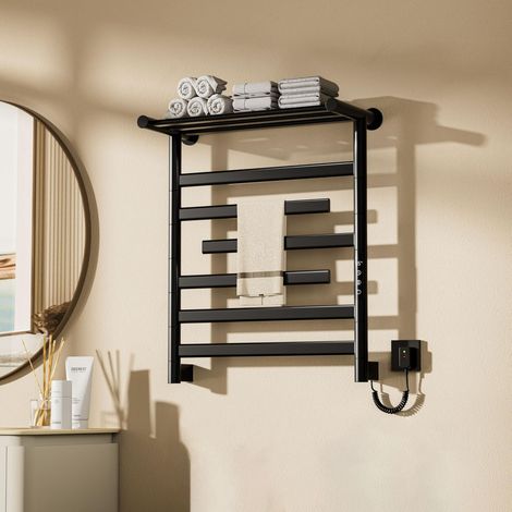 Scaldasalviette Elettrico,660×550 mm termoarredo,3 aste di essiccazione possono ruotare di 180°,con Timer e Display LED termoarredo bagno,Portaoggetti riscaldato sulla parte superiore,Nero-destra (1/5)