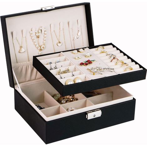 Boîte à bijoux pour femme, petite boîte à bijoux de voyage rectangulaire, boîte à bijoux pour bagues, boucles d'oreilles, collier, noir (1/5)