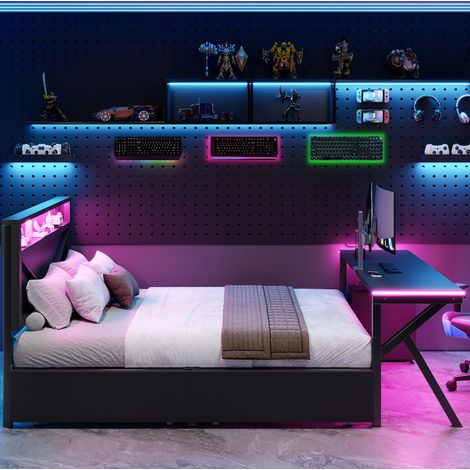 DESVIAE Lit plateforme gaming 140 x 200 cm avec tête de lit LED bureau LED 2 tiroirs noir métal MDF (1/5)