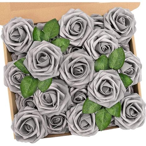 Roses artificielles JeiibrZui - 25 roses en mousse avec tiges - Couleur argentée pour bouquets, mariages et décorations de fête (1/5)