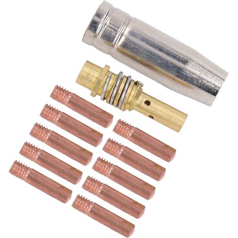 Lot de 12 accessoires soudure MIG MAG: 10 pointes contact laiton cuivre 0.8x25mm, buse gaz, tige filetée M6 (1/5)