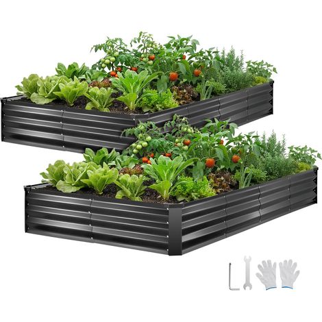 Potager Surélevé Métal 240x120x30 cm Carré Potager Surélevé Lot de 2 Lit de Jardin Rectangulaire pour Culture Légumes et Fleurs, Fond Ouvert, Galvanisé Aluminium-zinc, avec Gants, Gris Foncé (1/5)