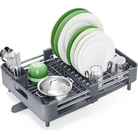 Egoutoire Vaisselle Cuisine, Égouttoir à Vaisselle Extensible, Égouttoir Vaisselle en Acier Inoxydable avec Porte-Couverts, Egouttoir Vaisselle Pliable avec Bec de Drainage (1/5)