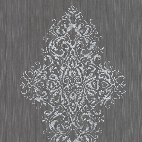 Papier peint baroque anthracite et argenté pour chambre Tapisserie murale grise intissée effet textile Papiers peints gris à motif pour salon (1/5)