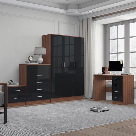 Reflect 3 Door Plain Wardrobe, 5 Drawer Chest, 2 Drawer Bedside & Desk - Black Gloss & Walnut - Modern Bedroom Furniture Set (1/5)