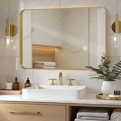 LunaMirror Wandspiegel 75 x 100 cm, modernes Design, goldfarbener Rahmen, für Bad, Schlafzimmer, Flur & Wohnzimmer, dekorativer Spiegel, gold (1/5)