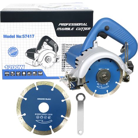Sega elettrica per piastrelle da 1300 W per marmo e muratura. Regolazione della profondità di taglio: inclinazione da 0 a 45° e profondità di taglio da 0 a 32°.
