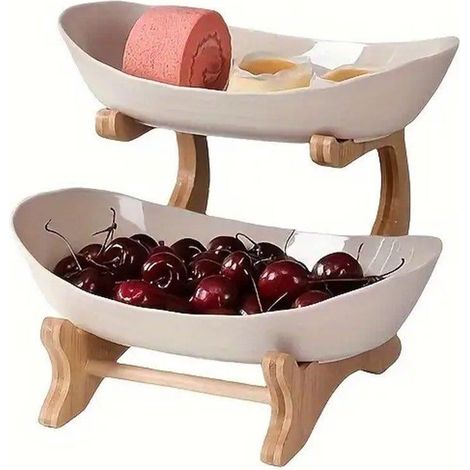 Étagère à assiettes moderne à plusieurs niveaux en bambou beige pour fruits et collations, idéale pour le salon. (1/5)