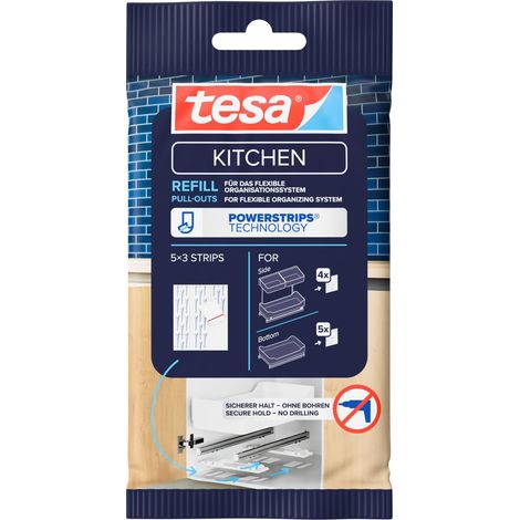 TESA PULL OUT POWERSTRIPS RECHARGE POUR TRINGLES DE TIROIRS ADHÉSIVES - POUR RÉUTILISER LE PULL-OUT TIROIR EXTENSIBLE DE CUISINE