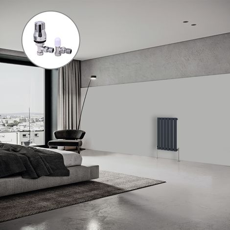 Flat Panel Designer Radiator Anthracite + Chrome Angled TRV Thermostatic Radiator Valves Horizontal 600x408mm Single (1/3)