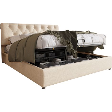 (=767778AAN) Lit rembourré hydraulique 140x200 cm, tête de lit réglable, lit double, lit avec sommier à lattes sur cadre métallique, cadre de lit moderne avec espace de rangement, naturel, sans matela (1/5)