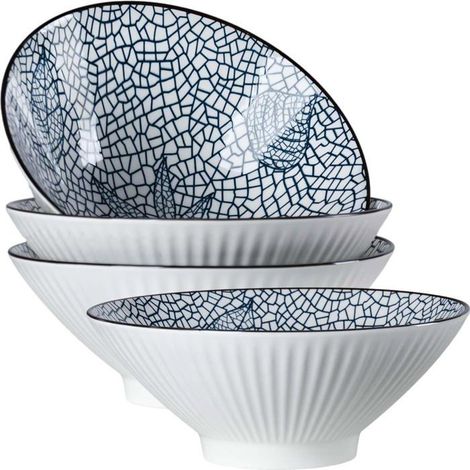 4 bols à ramen céramique, 38 oz, motif bleu blanc japonais, 20,3 cm diamètre, idéaux pour soupe pho et repas asiatiques (1/5)