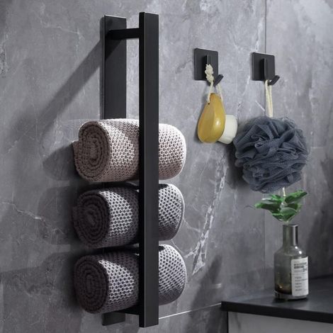 Porte-serviettes mural 40 cm en acier inoxydable mat – Installation sans perçage – 2 crochets – Acier inoxydable noir, convient aux salles de bains et aux cuisines (1/4)
