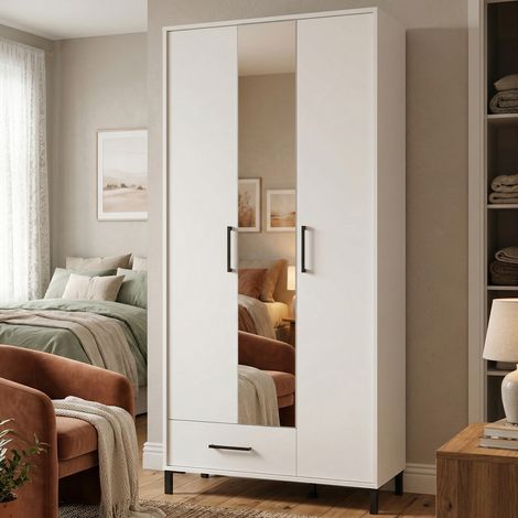 Großer Schrank Cimitile, Schlafzimmer-Kleiderschrank mit 6 Fächern, Schublade, Kleiderstange, 93x192,5cm, Mattweiß (1/5)