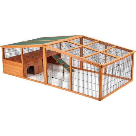 Wiltec Enclos extérieur avec clapier 230 x 115 x 78 cm, enclos extérieur en bois de sapin avec grillage métallique, clapier avec maisonnette et rampe, clapier avec toit (1/5)