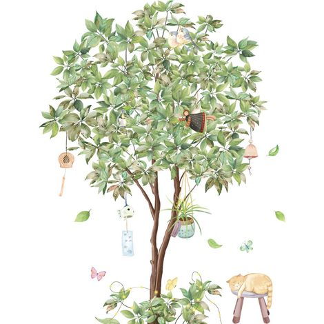 BEBUSINGOTO pieza de pegatinas de pared grandes con diseño de árbol de hojas verdes, campanillas de viento, calcomanías de pared despegables y adhesivas, calcomanías de pared de gato y pájaro para hab (1/5)