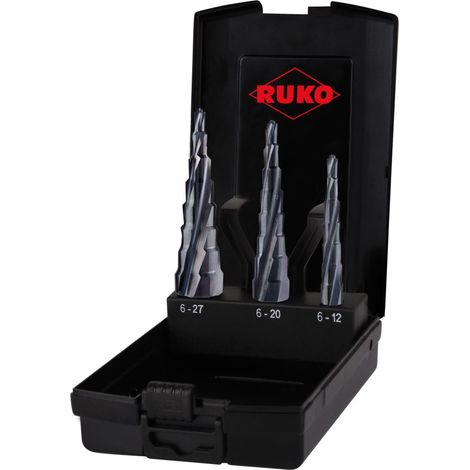 Juego de brocas escalonadas ULTIMATECUT D.6-12 / 6-20 / 6-27mm HSS flauta espiral 3 piezas Ku.-Kass.RUKO (1/3)