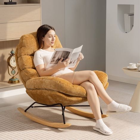Fauteuil à bascule 103x80x91 cm jaune, assise rembourrée, acier et bois, montage requis MEUBLIV (1/5)