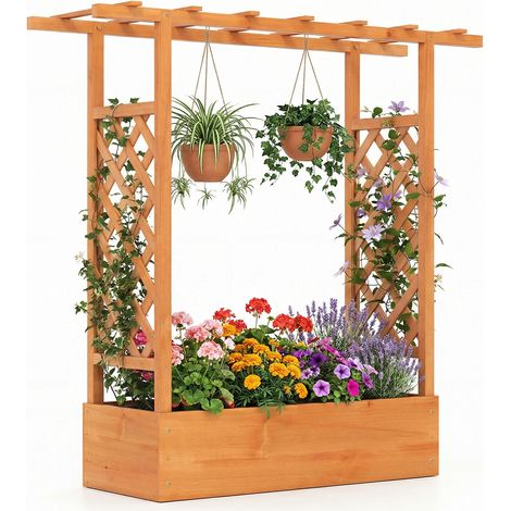 Jardinière avec 2 Treillis Latéraux Toit Suspendu en Bois d'Épicéa avec Trou de Drainage, Lit de Jardin Surélevé, 110 x 35 x 114 cm, Orange (1/5)