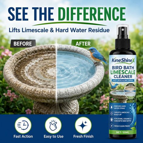 KineShineX Bird Bath Tub Entkalkungsspray entfernt kraftvoll hartnäckige Kalkablagerungen und hartes Wasser. (1/5)