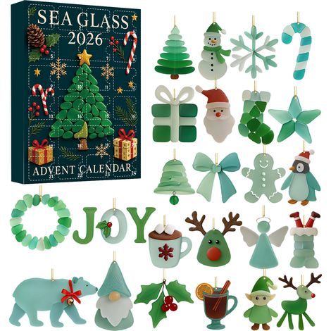 Calendrier de l'Avent 2026 en verre de mer - 24 décorations suspendues en acrylique 2D style verre de mer - décorations de Noël festives pour le sapin (1/5)