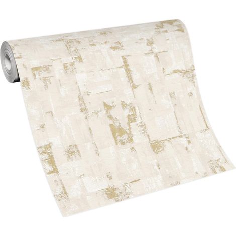 Papier peint graphique beige crème pour salon | Tapisserie beige crème tendance chambre & bureau | Papier peint intissé couloir (1/3)