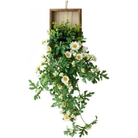 Plante Artificielle Suspendue Murale avec Cadre en Bois - Fleurs de Marguerites Synthétiques - Idéale pour Salon, Cuisine, Salle de Bain (1/5)