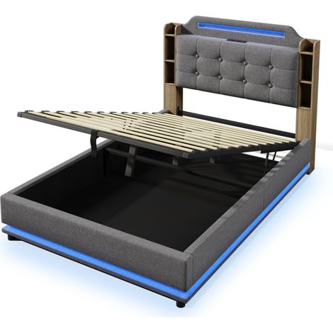 Cama tapizada 140 x 200 cm con LED, almacenaje hidráulico, USB y Type-C, gris, sin colchón (1/5)